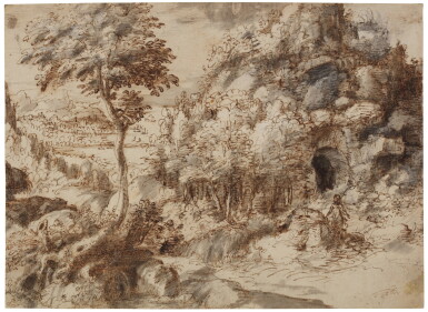 View full screen - View 1 of Lot 135. Mountainous landscape with a hermit kneeling in front of a cross.