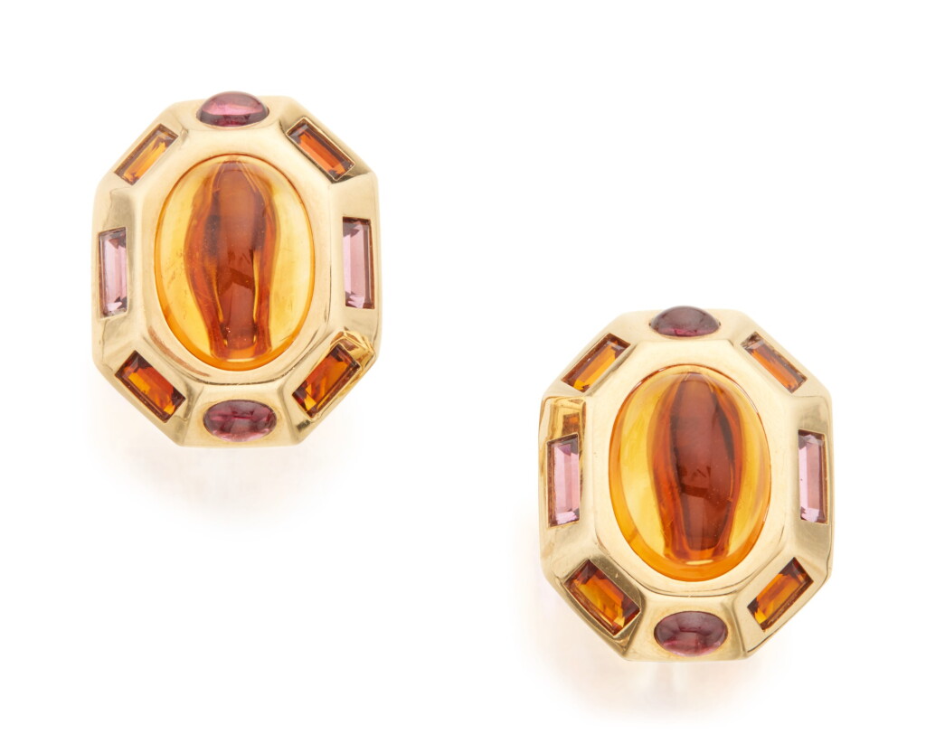 View full screen - View 1 of Lot 9. PAIR OF CITRINE AND RHODOLITE GARNET 'BYZANTINE' EARCLIPS, VERDURA.
