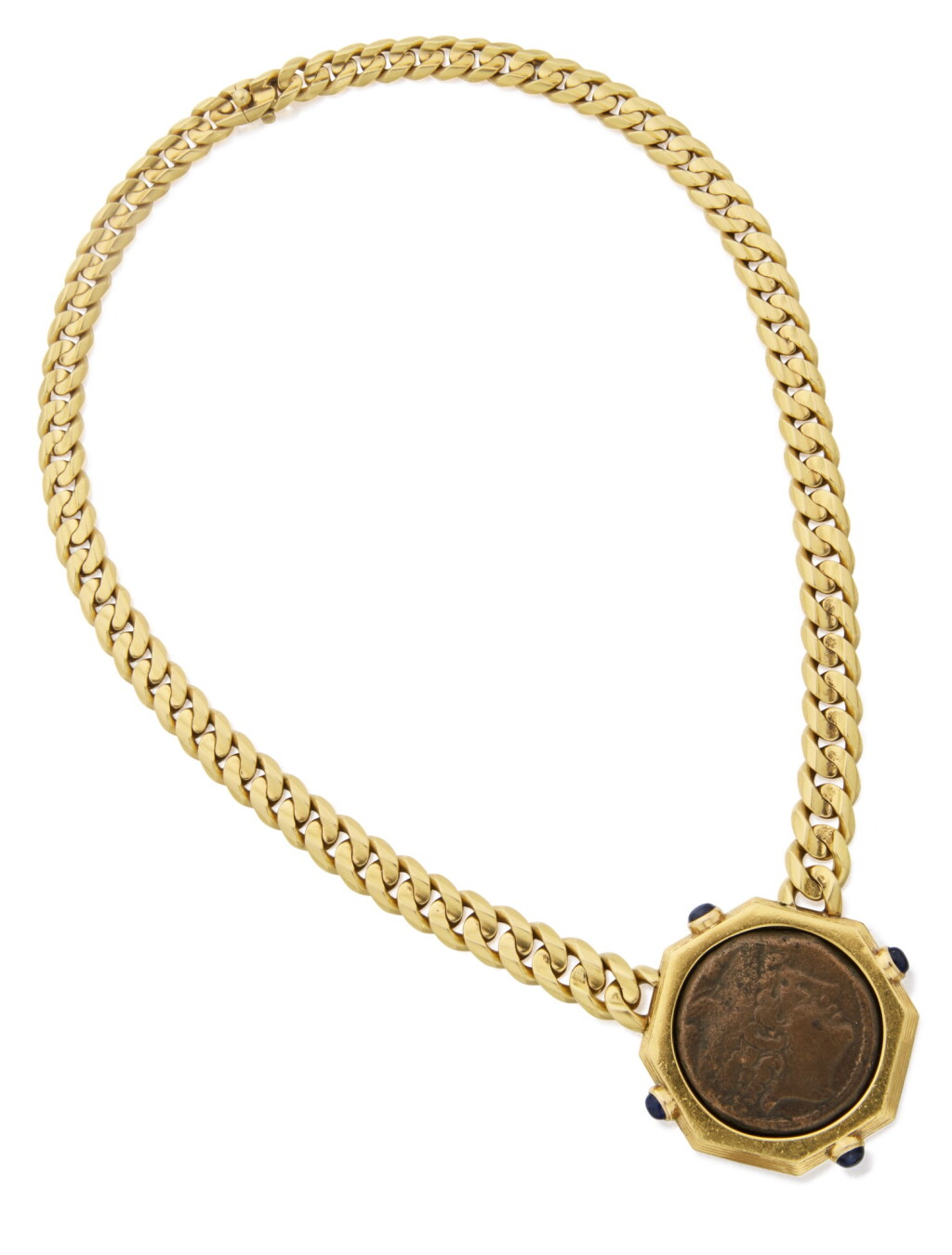 View full screen - View 1 of Lot 426. GOLD, ANTIQUE COIN AND SAPPHIRE 'MONETE' NECKLACE, BULGARI.