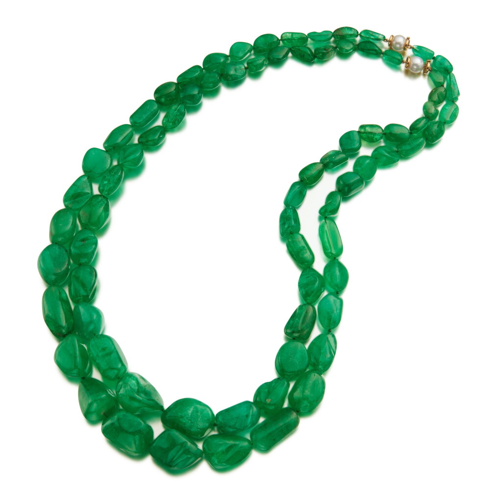 View full screen - View 1 of Lot 41. Two Emerald and Cultured Pearl Necklaces.