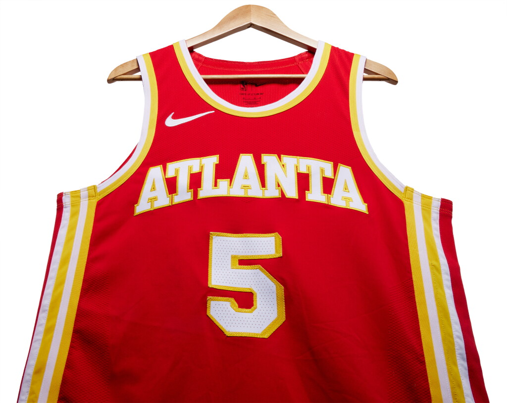 View full screen - View 1 of Lot 97. Dejounte Murray Atlanta Hawks 2023-2024 Game Worn Icon Edition Jersey | Matched to 2 Games.