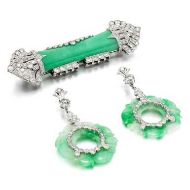 View full screen - View 1 of Lot 61. Jadeite and diamond brooch, 1920s; pair of jadeite and diamond earrings.