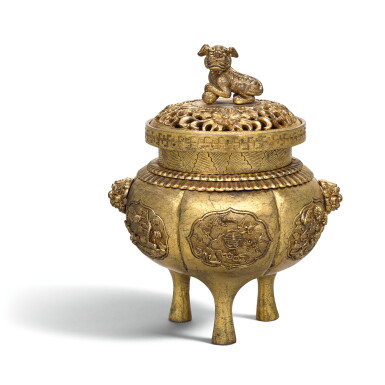 View full screen - View 1 of Lot 38. A GILT-COPPER CENSER AND COVER, QING DYNASTY, 18TH CENTURY | 清十八世紀 鎏金銅獅鈕三足熏爐.