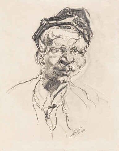View full screen - View 1 of Lot 119. LUDWIG MEIDNER | SELBSTPORTRÄT MIT MÜTZE (SELF-PORTRAIT WITH CAP) - RECTO GEFECHT (BATTLE) – VERSO.