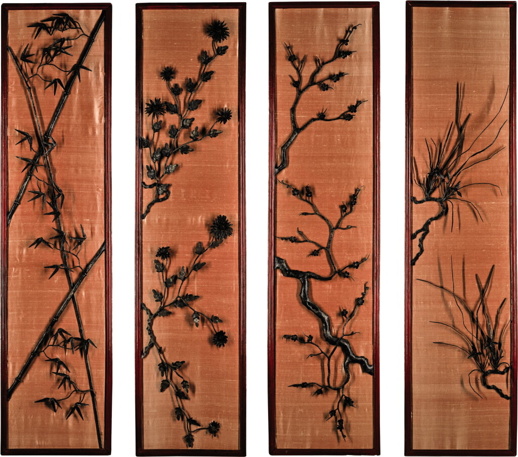 View full screen - View 1 of Lot 322. A SET OF FOUR 'TIEHUA' PANELS QING DYNASTY | 清 鑄鐵四君子圖掛屏一組四幅.