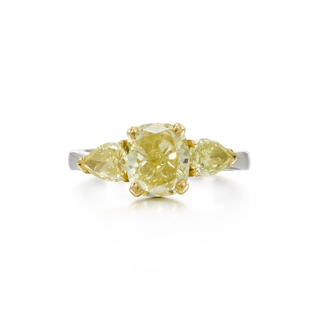 View full screen - View 1 of Lot 119. Fancy Intense Yellow and coloured diamond ring .