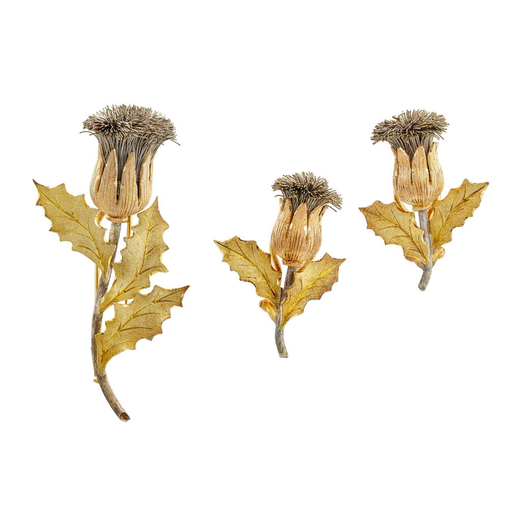 View full screen - View 1 of Lot 1803. ‘Thistle’ Gold and Silver Demi-Parure | 吉安馬里亞 布契拉提 | ‘Thistle’ K金 配 銀 胸針 配 耳環套裝.