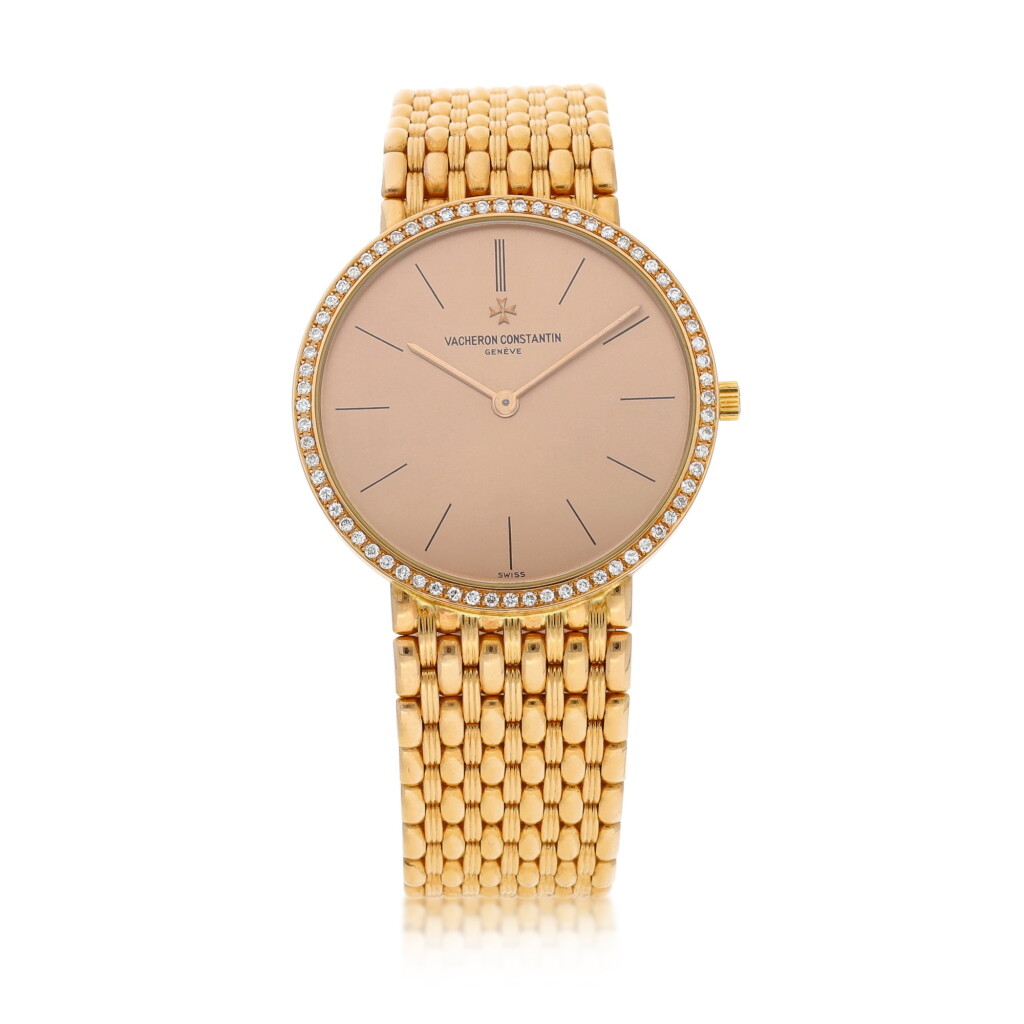 View full screen - View 1 of Lot 8187. Reference 33593 A pink gold and diamond-set bracelet watch, Circa 1990 | 江詩丹頓 | 型號33593| 粉紅金鑲鑽石鏈帶腕錶,約1990年製.