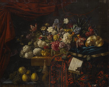 View full screen - View 1 of Lot 114. A still life of flowers set on a table with a carpet, a music book and a dog seated on a pillow.