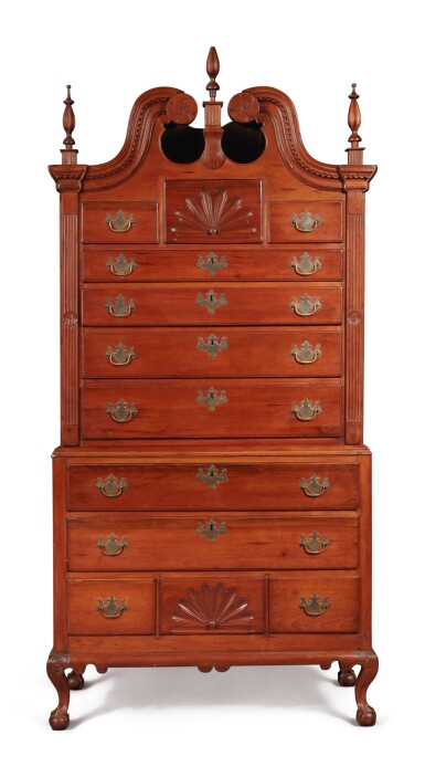 View full screen - View 1 of Lot 68. Chippendale Carved Cherrywood Bonnet-Top Chest-on-Chest, Lord group, Colchester, Connecticut, circa 1785.