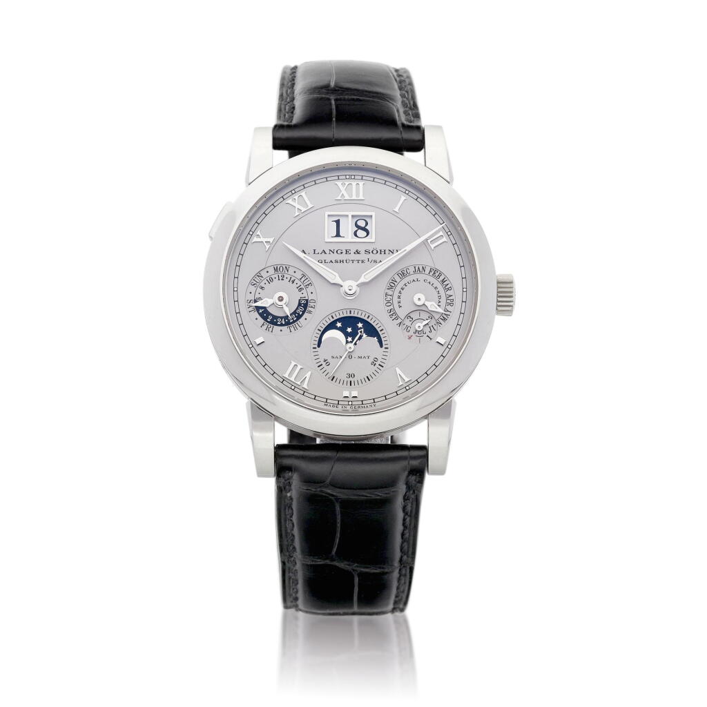 View full screen - View 1 of Lot 2076. Sax-O-Mat Langematik Perpetual, Reference 310.025 | A platinum perpetual calendar wristwatch with moon phases, 24 hours, leap year indication and zero-reset mechanism, Circa 2008 | 朗格 | Sax-O-Mat Langematik Perpetual 型號310.025 | 鉑金萬年曆腕錶,備月相、24小時、閏年顯示及歸零裝置,約2008年製.