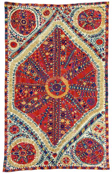 View full screen - View 1 of Lot 643. A large medallion suzani, Uzbekistan, Central Asia, 18th century.