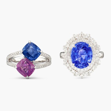 View full screen - View 1 of Lot 1390. Sapphire and Diamond Ring and Sapphire, Pink Sapphire and Diamond 'Toi et Moi' Ring | 5.06克拉 天然 「斯里蘭卡」未經加熱藍寶石 配 鑽石 戒指 及 3.21 及 3.02克拉「斯里蘭卡」未經加熱藍寶石 配 粉紅色剛玉 及 鑽石 戒指.