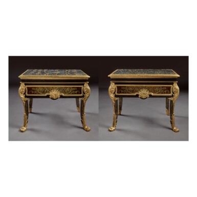 View full screen - View 1 of Lot 188. A PAIR OF LOUIS XIV GILT BRONZE-MOUNTED EBONY AND BRASS AND TORTOISESHELL PREMIERE PARTIE MARQUETRY TABLES EN HUCHE ATTRIBUTED TO ANDRE-CHARLES BOULLE, CIRCA 1700, PROBABLY ADAPTED FROM A BUREAU PLAT IN THE MID-18TH CENTURY.