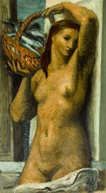 Jeune femme avec un panier de poisson