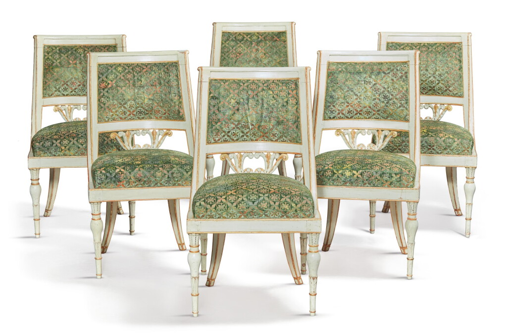 View full screen - View 1 of Lot 124. A SET OF SIX ITALIAN NEOCLASSICAL WHITE PAINTED AND PARCEL-GILT SIDE CHAIRS, EARLY 19TH CENTURY.