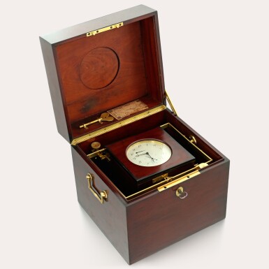 View full screen - View 1 of Lot 29. An extremely rare and historical early gilt-brass and mahogany two-day double-boxed marine chronometer with twin barrels .