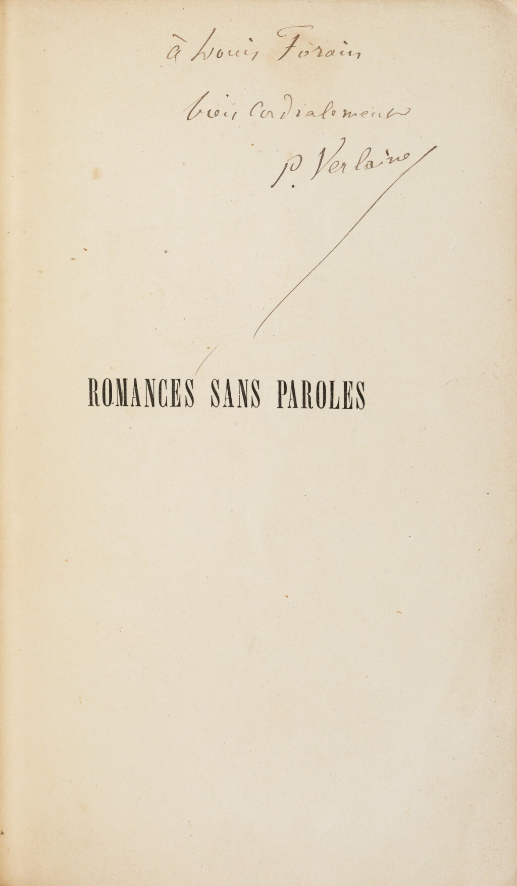 View full screen - View 1 of Lot 181. Romances sans paroles. Sens, 1874. EO. Envoi à Jean Louis Forain. Exemplaire Jacques Guérin.