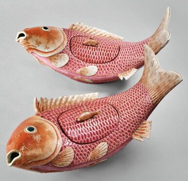 View full screen - View 1 of Lot 5. AN EXTREMELY RARE LARGE PAIR OF CHINESE EXPORT CARP-FORM TUREENS AND COVERS, QING DYNASTY, QIANLONG PERIOD, 1760-1780.