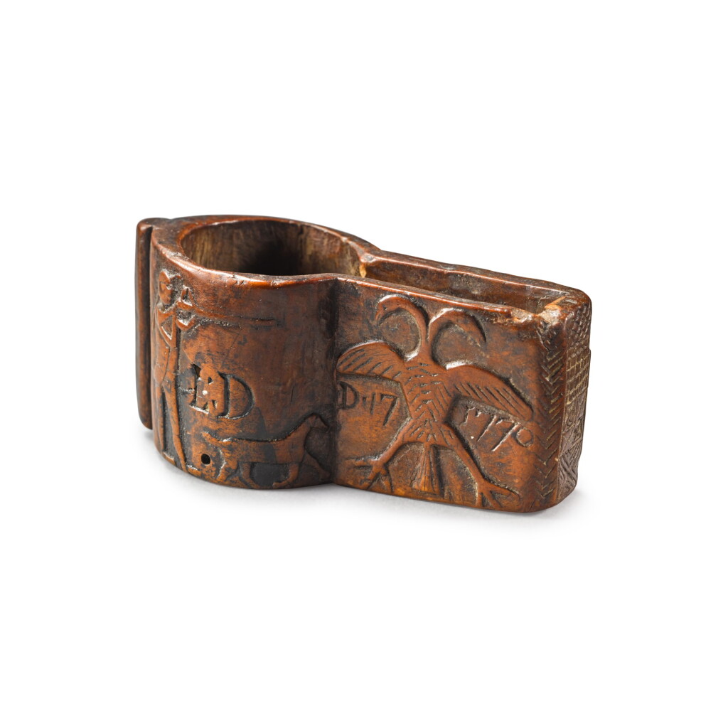 View full screen - View 1 of Lot 372. Rare Relief-Carved Burlwood Patch Box, Probably Pennsylvania, Dated December 17, 1770.