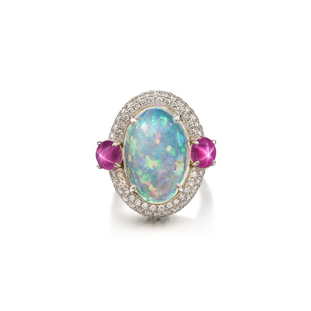 View full screen - View 1 of Lot 1690. Opal, Ruby and Diamond Ring | 歐泊 配 紅寶石 配 鑽石 戒指.
