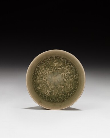 View full screen - View 1 of Lot 80. A small moulded 'Yaozhou' celadon-glazed bowl, Song / Jin dynasty | 宋 / 金 耀州青釉笠式小盌.