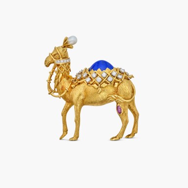 View full screen - View 1 of Lot 216. Gold, Lapis Lazuli, Pink Sapphire, Cultured Pearl and Diamond Brooch.