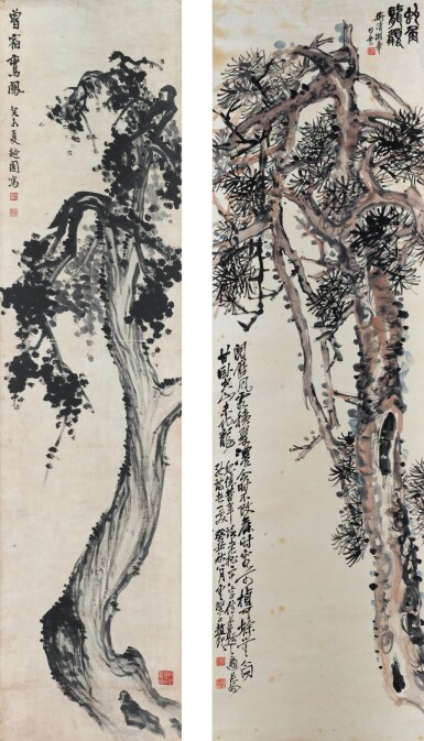 View full screen - View 1 of Lot 117. Yu Shaosong (1883-1949), Zhao Yunhe (1874-1955), Two paintings of cedar and pine trees.