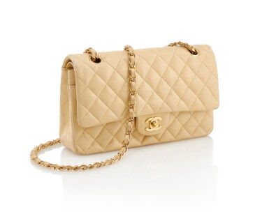 View full screen - View 1 of Lot 142. CHANEL | BEIGE LEATHER AND GOLD-TONE METAL CLASSIC SHOULDER BAG .