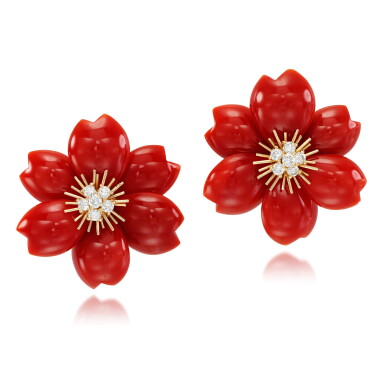 View full screen - View 1 of Lot 91. VAN CLEEF & ARPELS | PAIR OF CORAL AND DIAMOND EARRINGS, 'ROSE DE NOËL',.