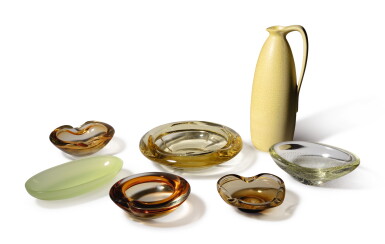 View full screen - View 1 of Lot 53. ARTIST UNKNOWN | GROUP OF SEVEN YELLOW GLASS AND CERAMIC OBJECTS .