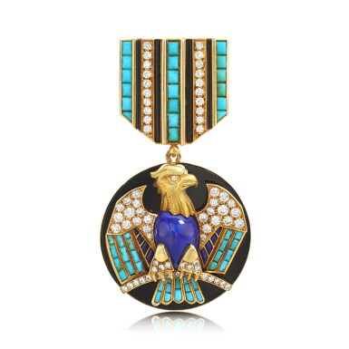 View full screen - View 1 of Lot 753. Gem set and diamond brooch, circa 1980.