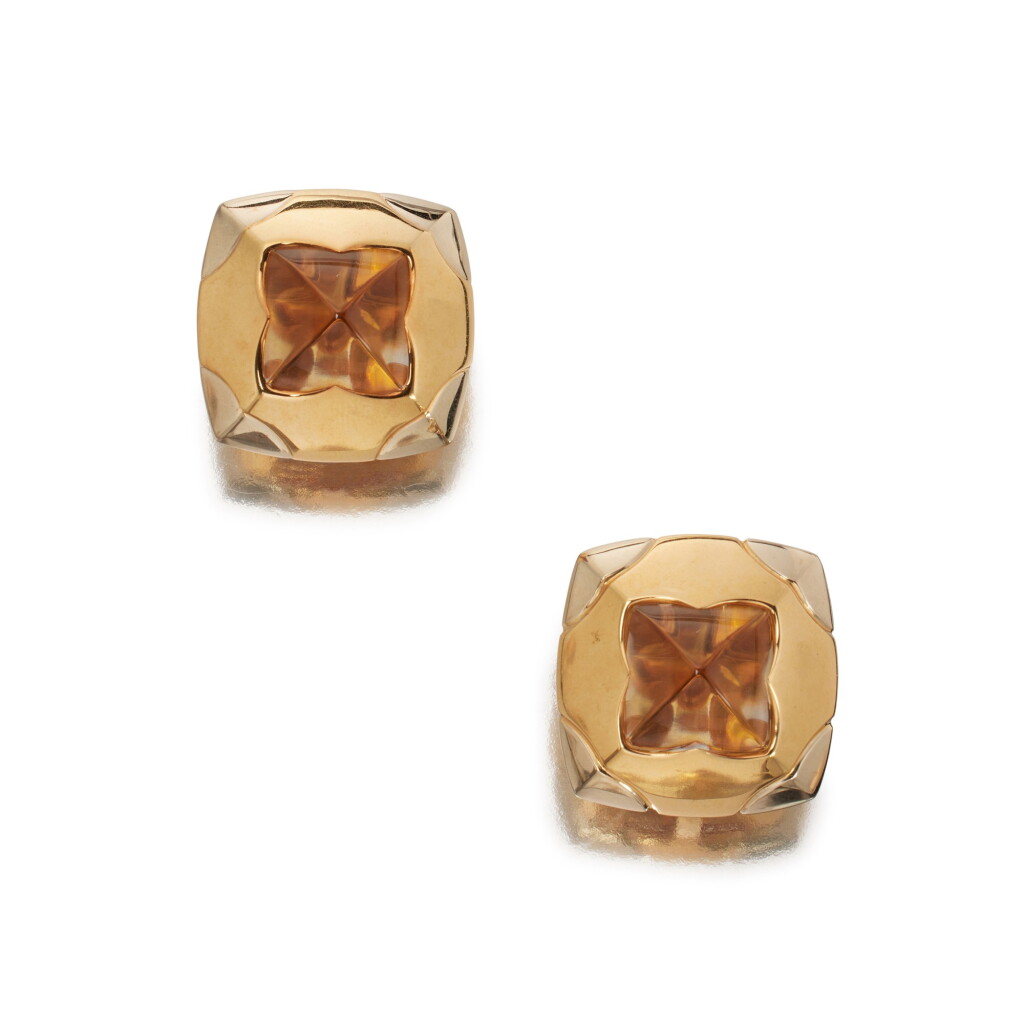 View full screen - View 1 of Lot 427. Pair of Two-Color Gold and Citrine Earclips.