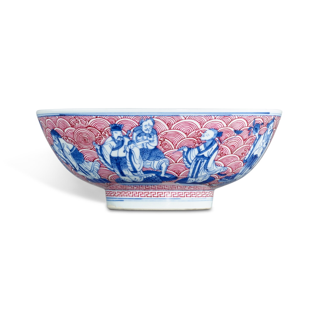 View full screen - View 1 of Lot 3400. An underglaze-blue and puce-enamelled 'eight immortals' bowl, Mark and period of Tongzhi | 清同治 青花胭脂紅彩八仙過海圖盌 《大清同治年製》款.