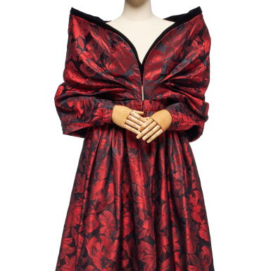 View full screen - View 1 of Lot 74. Red and Black Floral Changeant Brocade Evening Coat, 1940s.