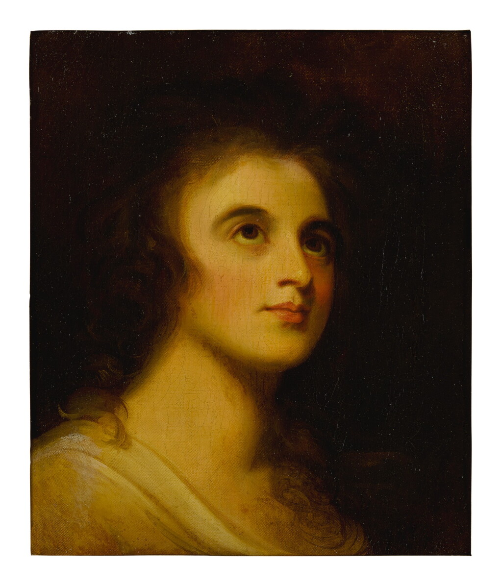 View full screen - View 1 of Lot 638. CIRCLE OF GEORGE ROMNEY | PORTRAIT OF EMMA HART, LATER LADY HAMILTON, BUST LENGTH, WITH HEAD TO THE RIGHT AND EYES UPTURNED.