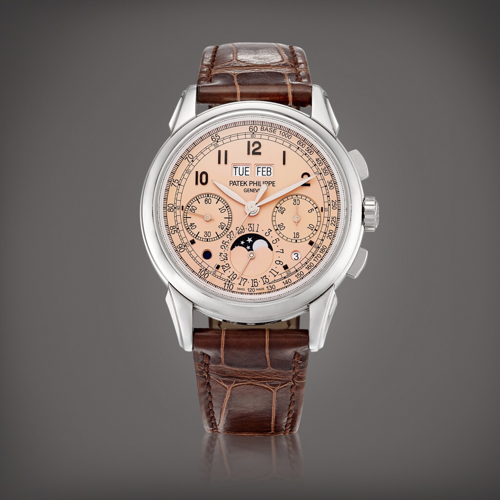 View full screen - View 1 of Lot 2316. Reference 5270 A platinum perpetual calendar chronograph wristwatch with moon phases, leap year, day and night indication and salmon dial, Circa 2020 | 百達翡麗 | 型號5270 | 鉑金萬年曆計時腕錶,備月相、閏年、晝夜顯示及鮭魚色錶盤,約2020年製.