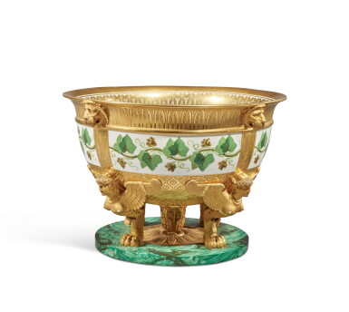 View full screen - View 1 of Lot 166. A Sèvres Gilt and 'Malachite'-Ground Four-Footed Fruit Bowl, 'jatte à fruits sirène', Circa 1815-20.