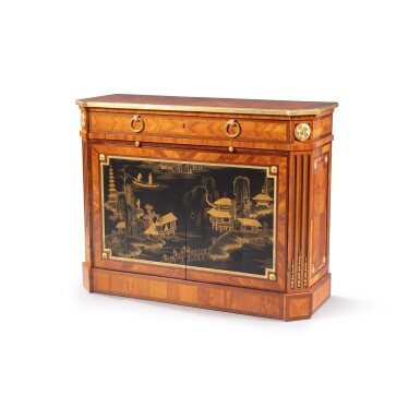View full screen - View 1 of Lot 371. A Louis XVI tulipwood and amaranth veneered low library cabinet, attributed to Jean-François Leleu, circa 1775 | Meuble d'appui en placage de bois de rose et d'amarante d'époque Louis XVI, vers 1775, attribué à Jean-François Leleu.