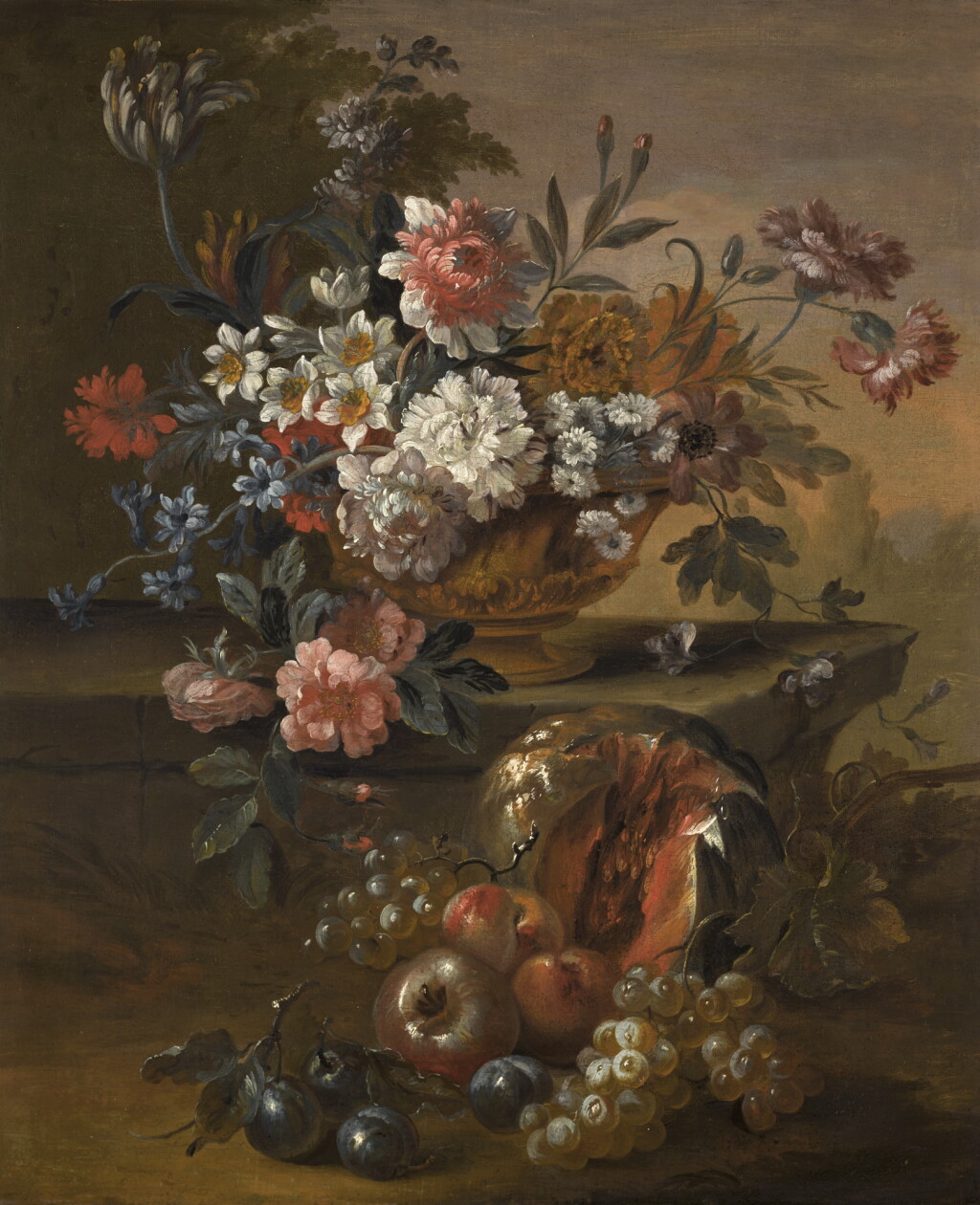 全螢幕檢視 - 查看59PIETER CASTEELS III | A pair of still lifes with flowers in urns upon a ledge, with fruit strewn in the foreground的1