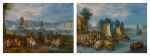 River landscape with travellers and windmills; River landscape with figures on a ferry and waiting by the shore