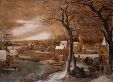 View full screen - View 1 of Lot 109. Winter landscape with horse-drawn wagons in a village near a frozen river.