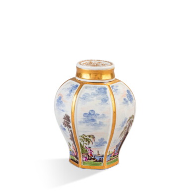 View full screen - View 1 of Lot 519. A Meissen porcelain chinoiserie hexagonal tea canister and cover, circa 1725.
