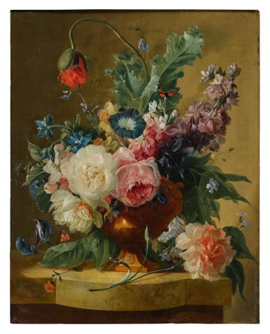 View full screen - View 1 of Lot 3. DUTCH SCHOOL, CIRCA 1750-1800 | STILL LIFE OF FLOWERS IN A TERRACOTTA VASE ON A MARBLE LEDGE.