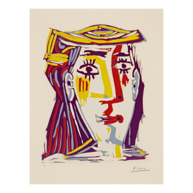 View full screen - View 1 of Lot 161. PABLO PICASSO | PORTRAIT DE JACQUELINE AU CHAPEAU DE PAILLE MULTICOLORE (B. 1074; BA. 1283).