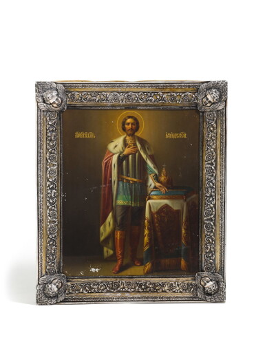 View full screen - View 1 of Lot 222. A SILVER ICON OF SAINT ALEXANDER NEVSKY, PAINTED BY FEODOR PLATONOV, THE OKLAD BY GRACHEV, ST PETERSBURG, 1890.