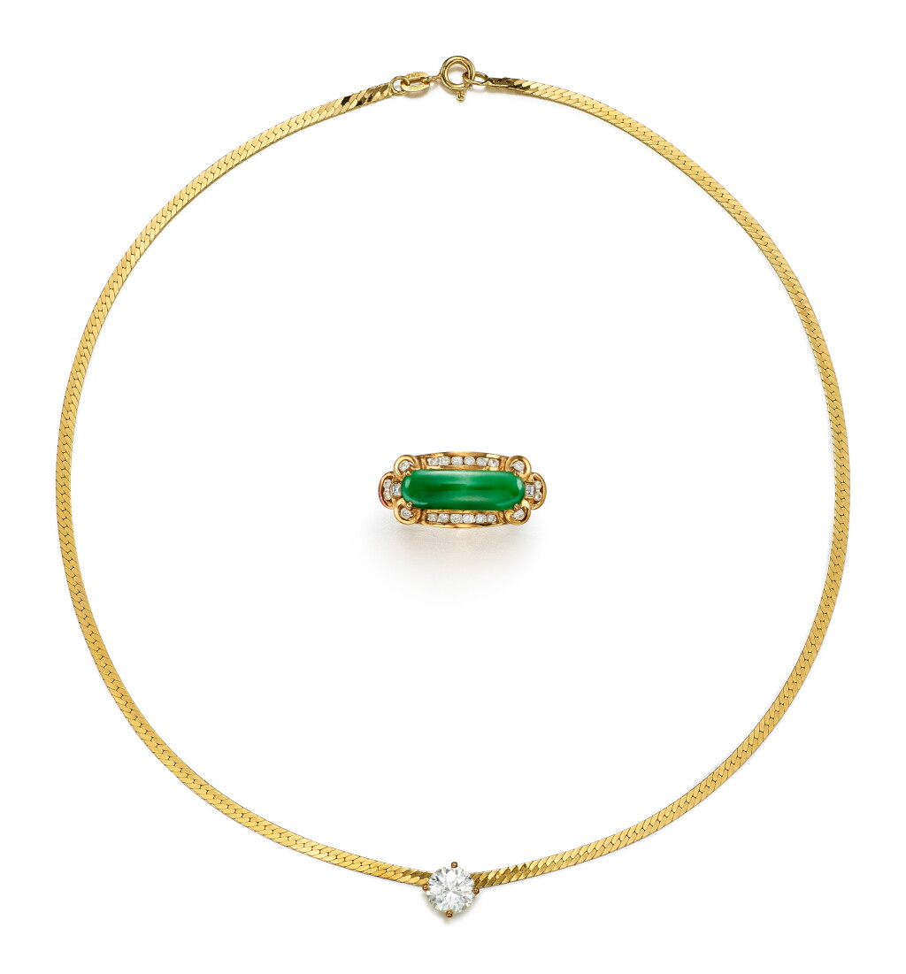 View full screen - View 1 of Lot 9191. DIAMOND NECKLACE AND JADEITE AND DIAMOND RING | 鑽石項鏈; 及 翡翠 配 鑽石 戒指.