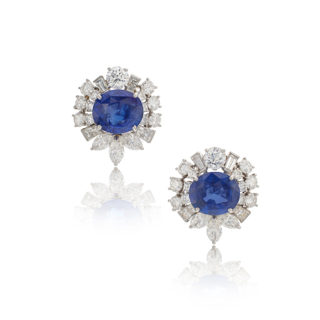 View full screen - View 1 of Lot 921. Pair of Sapphire and Diamond Earclips.