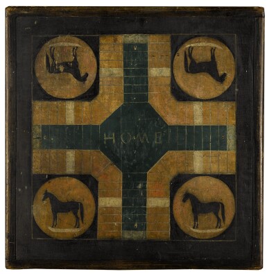 View full screen - View 1 of Lot 1459. AMERICAN POLYCHROME PAINT-DECORATED WOODEN DOUBLE-SIDED 'HORSE' PARCHEESI AND CHECKER GAMEBOARD, LATE 19TH CENTURY.