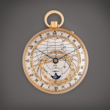 View full screen - View 1 of Lot 520. Astrolabium | A yellow gold Astronomical calendar watch with day/night indication, moon phases, and Zodiac signs, Circa 1983.